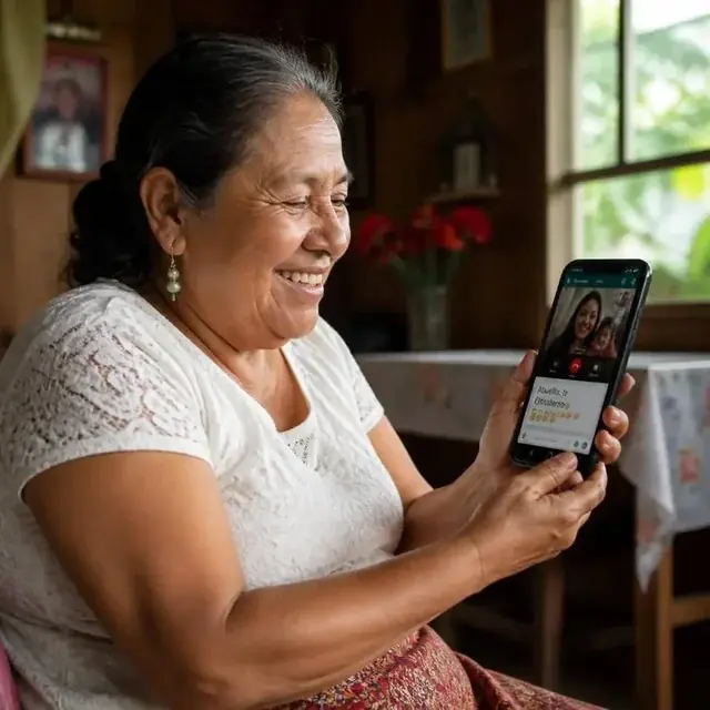 Persona mayor sonriendo en una videollamada con su familia