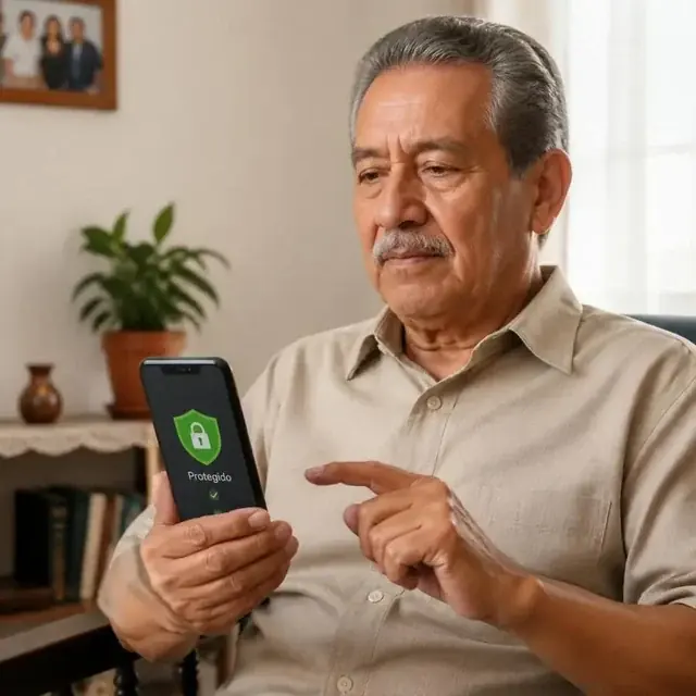 Persona mayor con su celular protegido