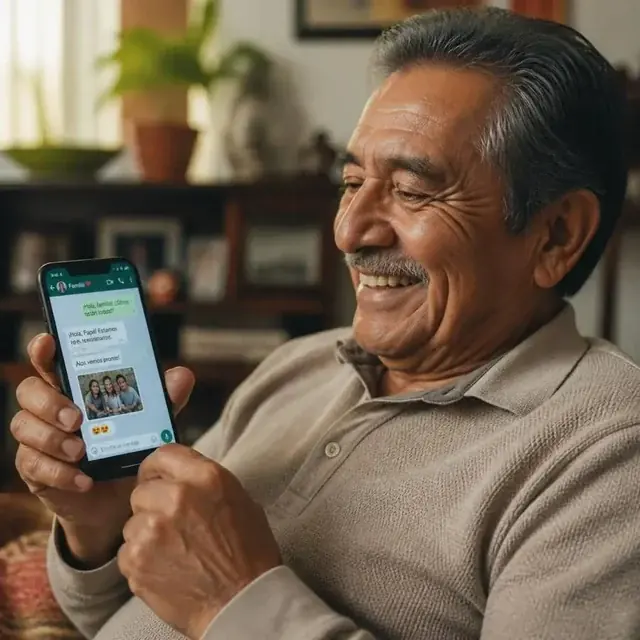 Hombre mayor riendo mientras revisa una conversación de WhatsApp familiar